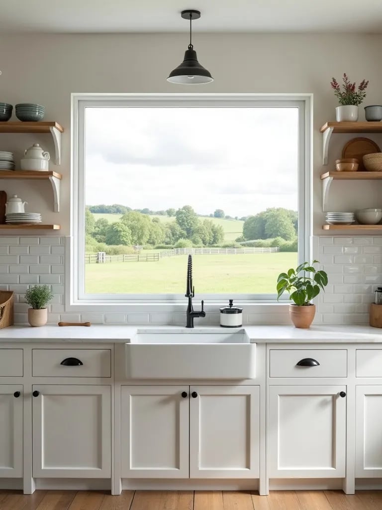 Bright kitchen with subway tile and farmhouse sink overlooking countryside