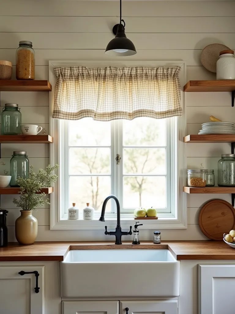 Charming farmhouse kitchen with vintage accents and gingham curtains