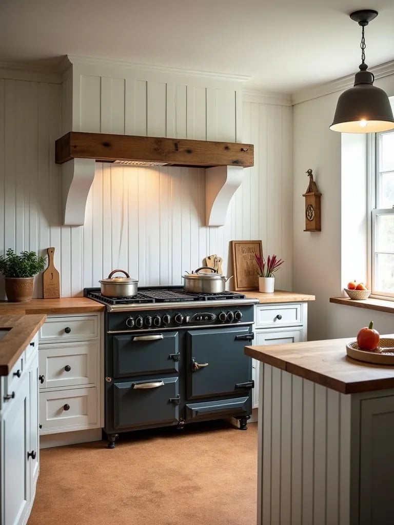 Charming kitchen featuring cork floors and white beadboard walls