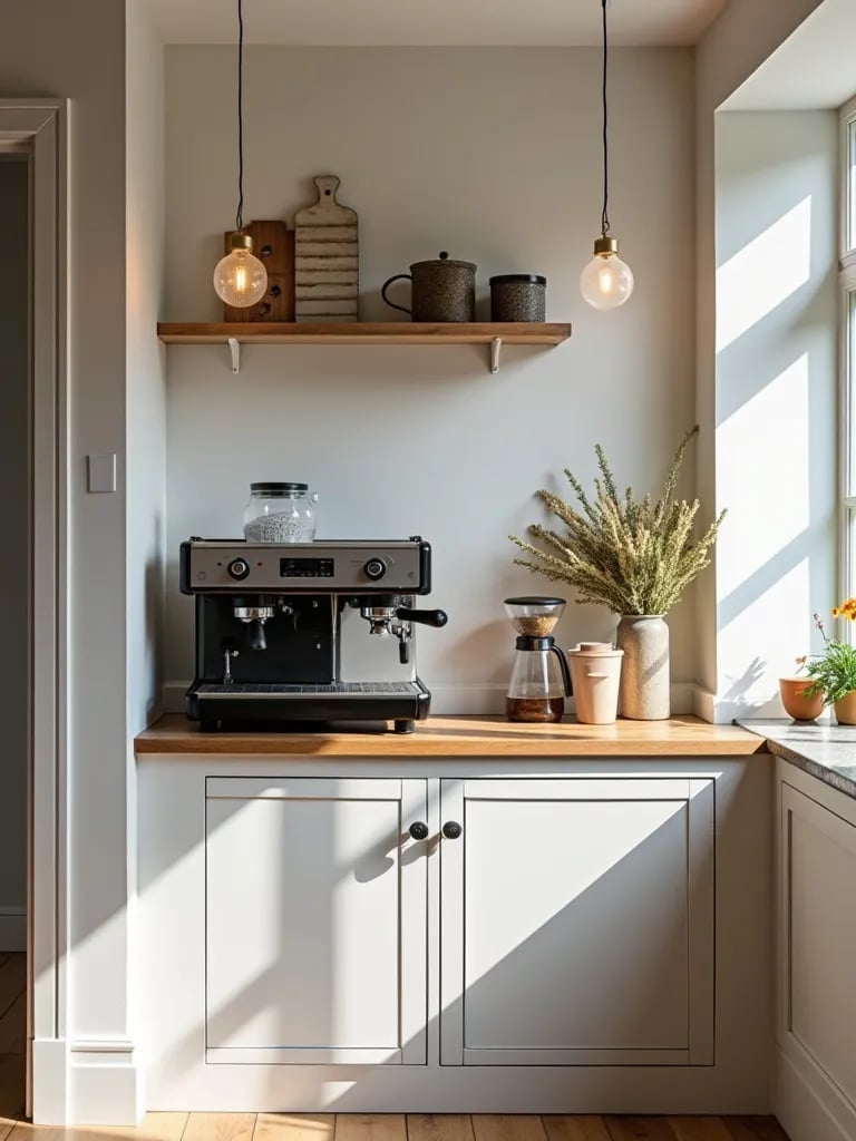 Cozy farmhouse kitchen corner featuring modern coffee machines and rustic decor