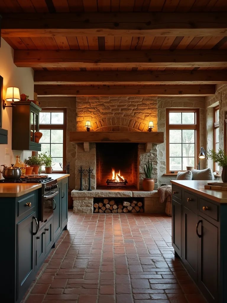 Cozy farmhouse kitchen with reclaimed brick flooring and stone fireplace