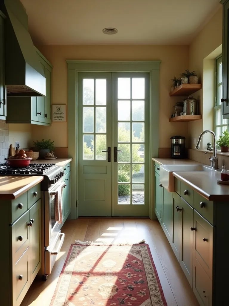 Cozy farmhouse kitchen with sage green cabinets and Dutch door