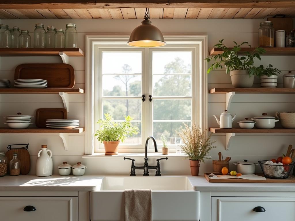 Cozy farmhouse kitchen with vintage decor and large sink