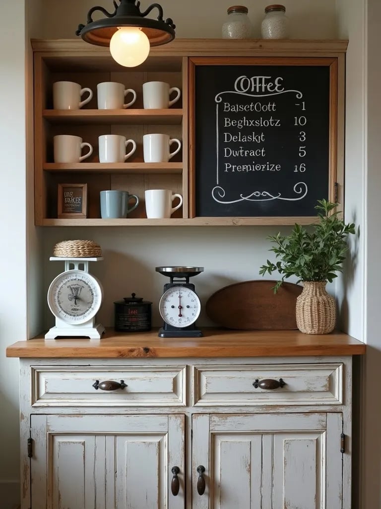 Cozy kitchen coffee nook with open shelving and chalkboard menu