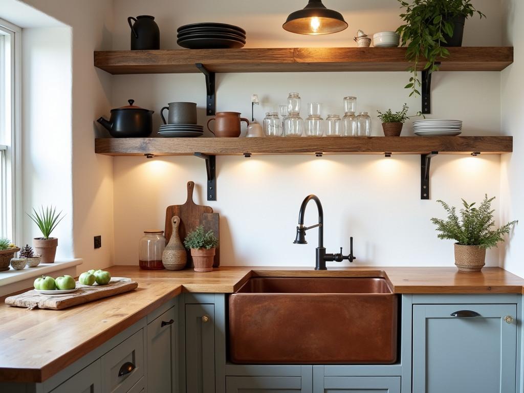Cozy kitchen corner with copper farmhouse sink and reclaimed wood shelving