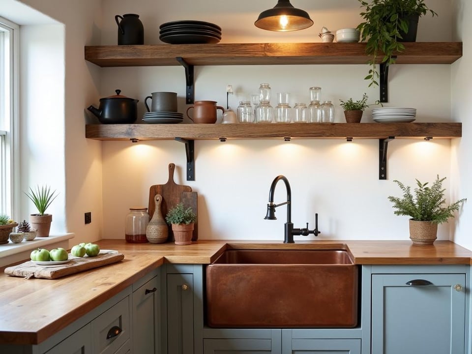 Cozy kitchen corner with copper farmhouse sink and reclaimed wood shelving