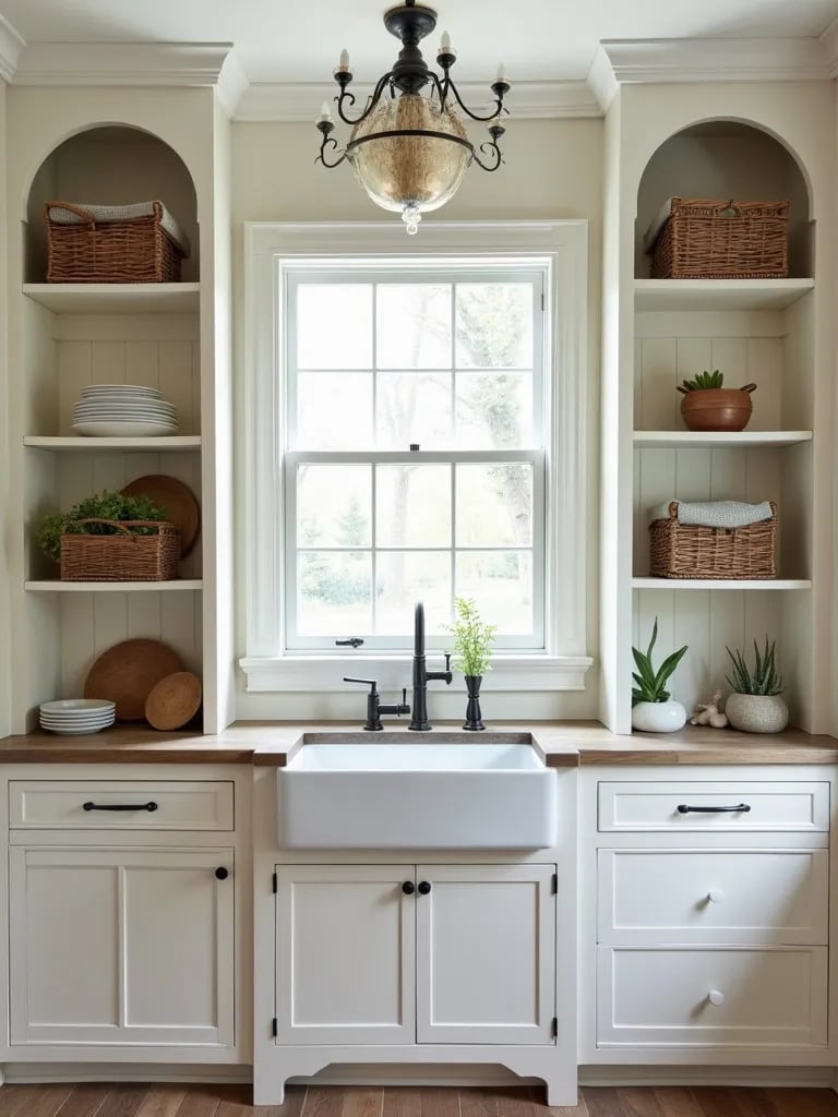 Cozy kitchen nook with prep sink in custom hutch and open shelving