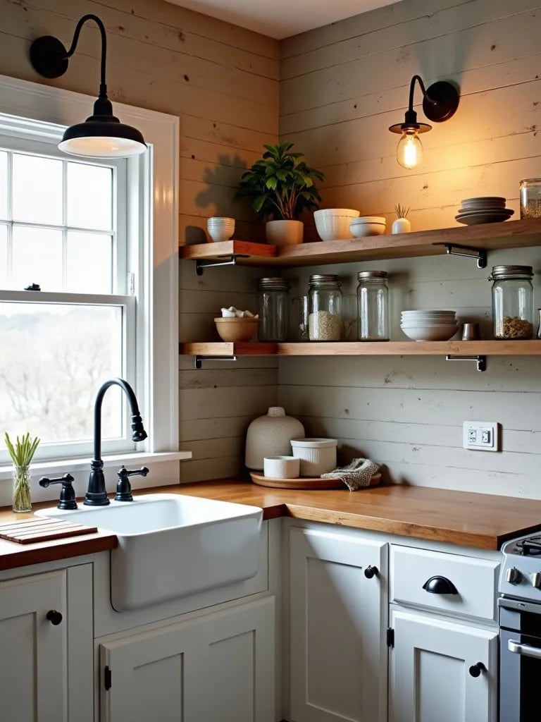 Cozy kitchen nook with reclaimed wood and wrought iron lighting