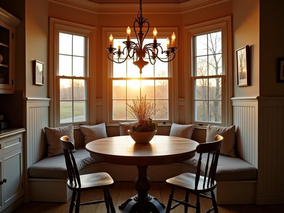 Cozy kitchen nook with round table and candle style chandelier