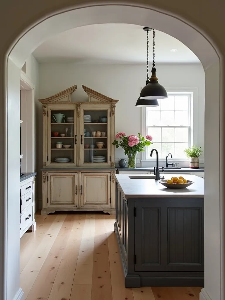Eclectic farmhouse kitchen with antique hutch and concrete countertops