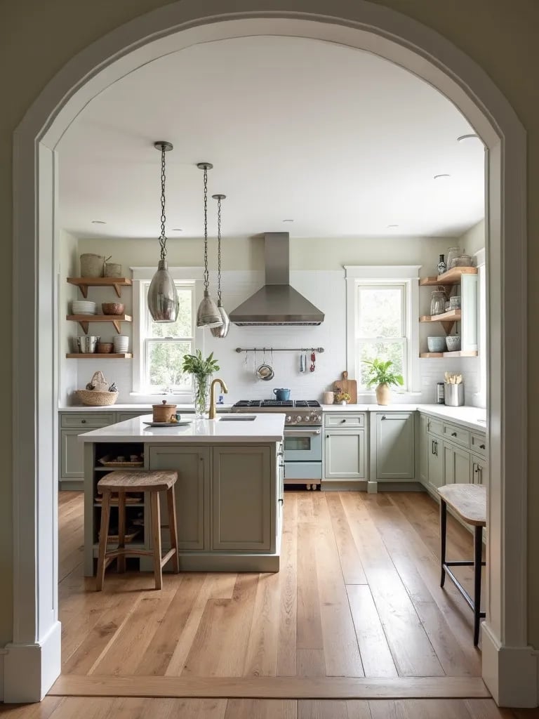 Entrance view of farmhouse kitchen with island sink and varied wood elements