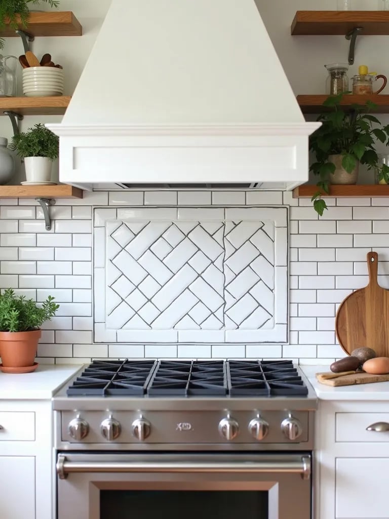 Farmhouse kitchen backsplash with herringbone pattern and open shelving
