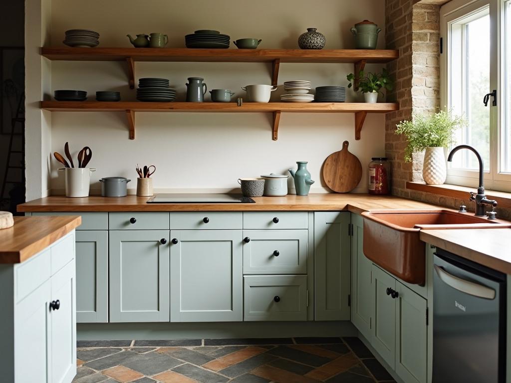 Farmhouse kitchen corner featuring herringbone slate floors and open shelving