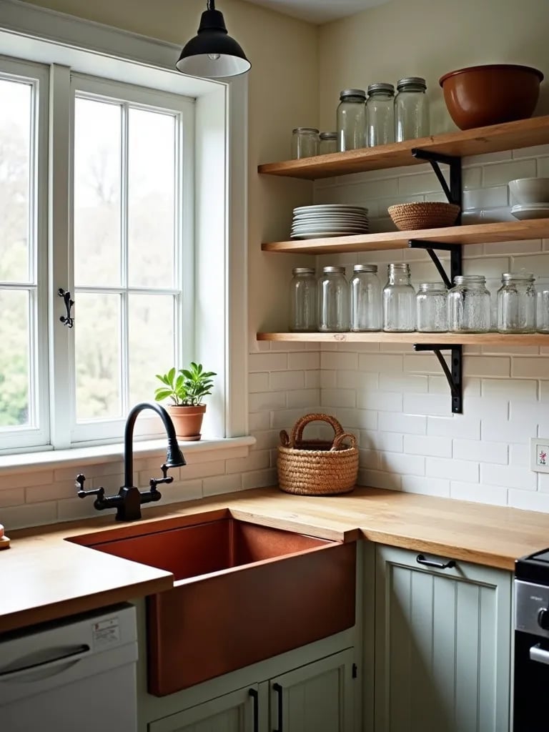 Farmhouse kitchen corner with copper sink and open shelving