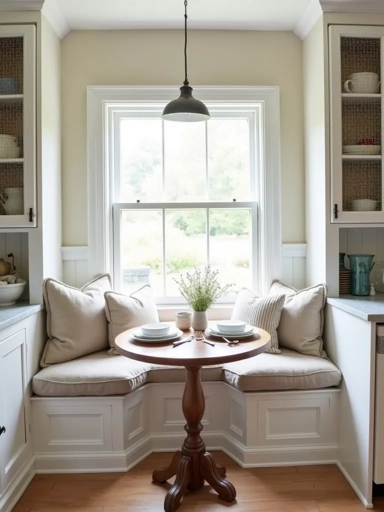 Farmhouse kitchen corner with window seat and chicken wire cabinets