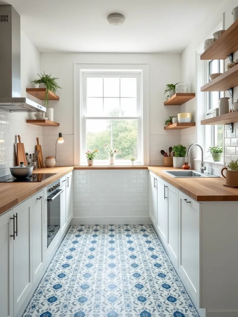 Farmhouse kitchen featuring blue and white cement tile floors