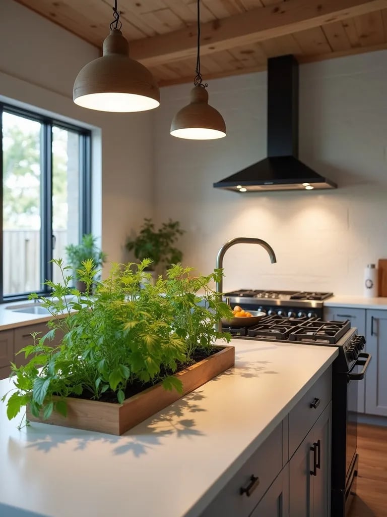 Farmhouse kitchen island with built in herb garden and modern induction cooktop
