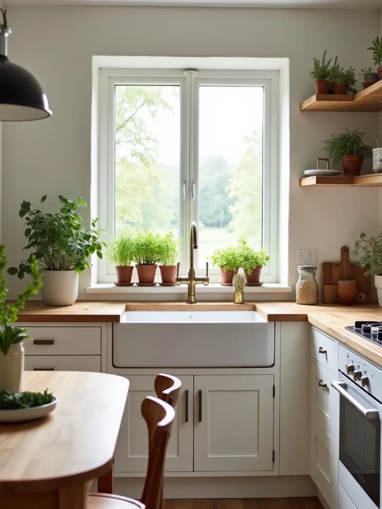 Farmhouse kitchen view from dining area, featuring sink and herb garden