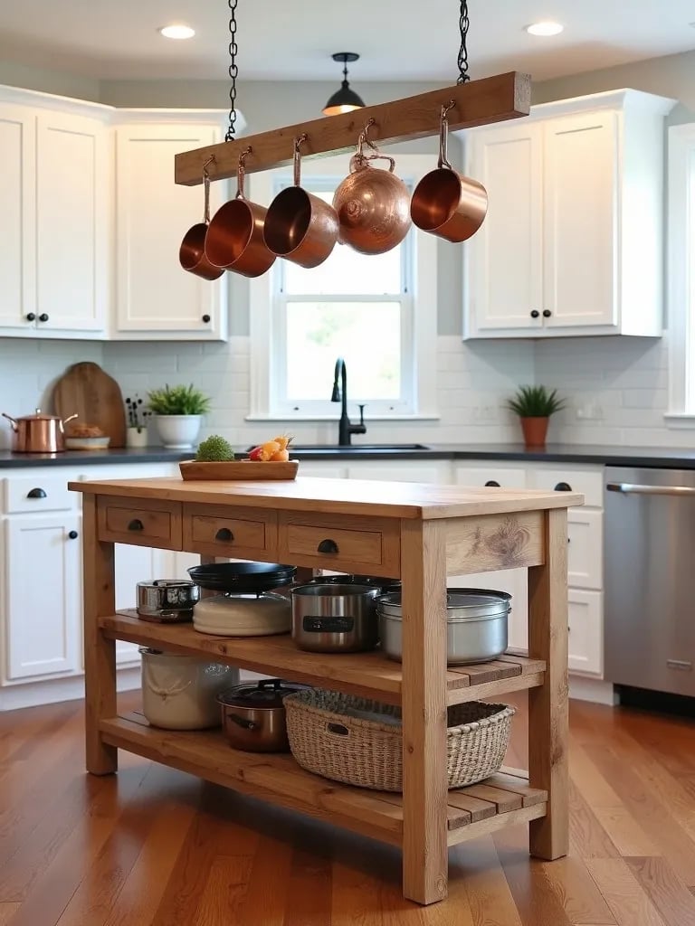 Farmhouse kitchen with DIY island, white cabinets, and pendant lighting