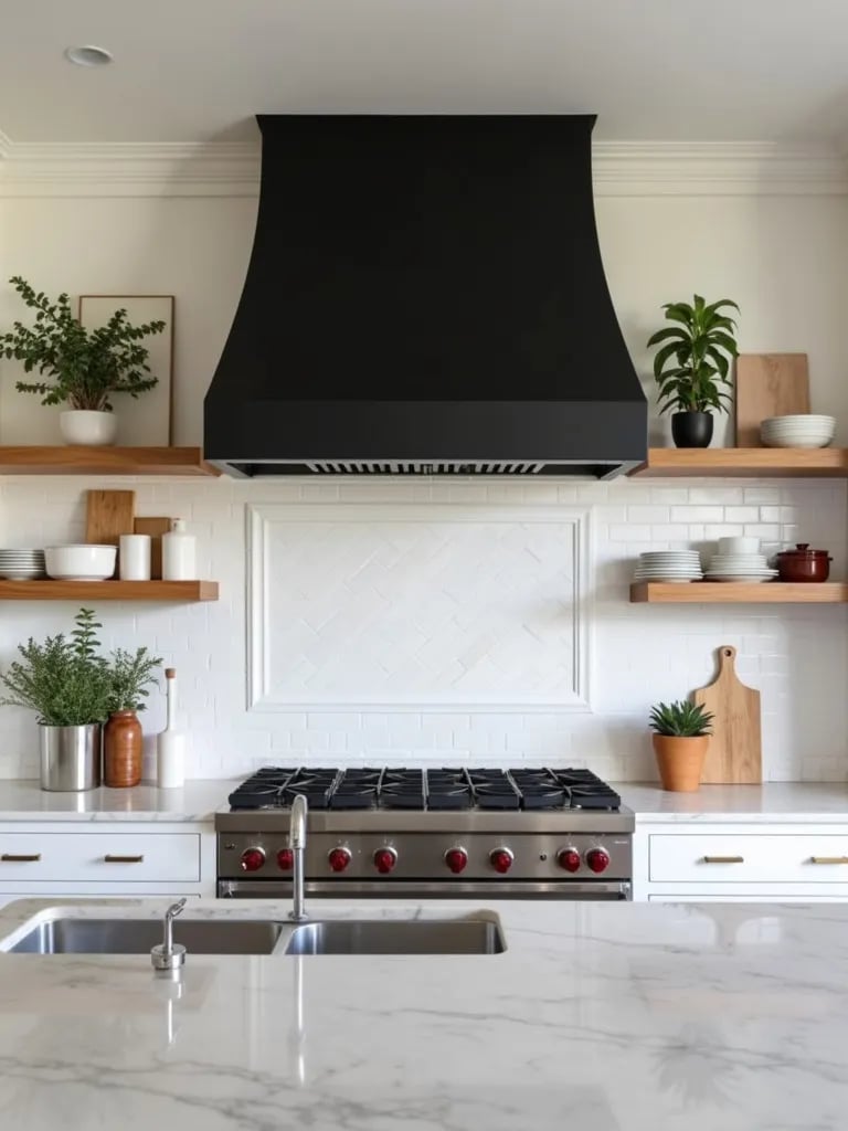 Farmhouse kitchen with black range hood, wood shelving, and marble island