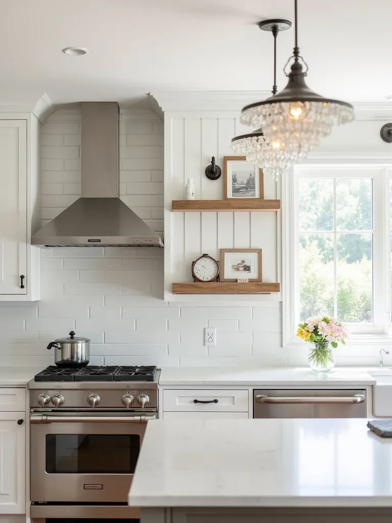 Farmhouse kitchen with industrial sconces and crystal chandelier over eat in area