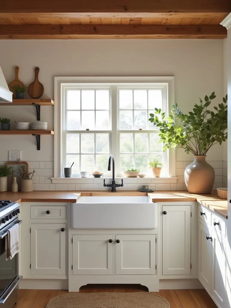 Farmhouse kitchen with large apron front sink and rustic elements
