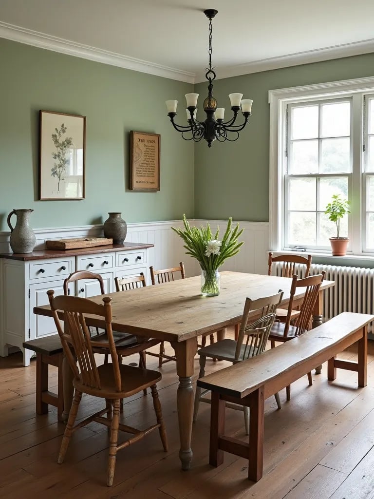 Farmhouse kitchen with large wooden table, mismatched seating, and chandelier