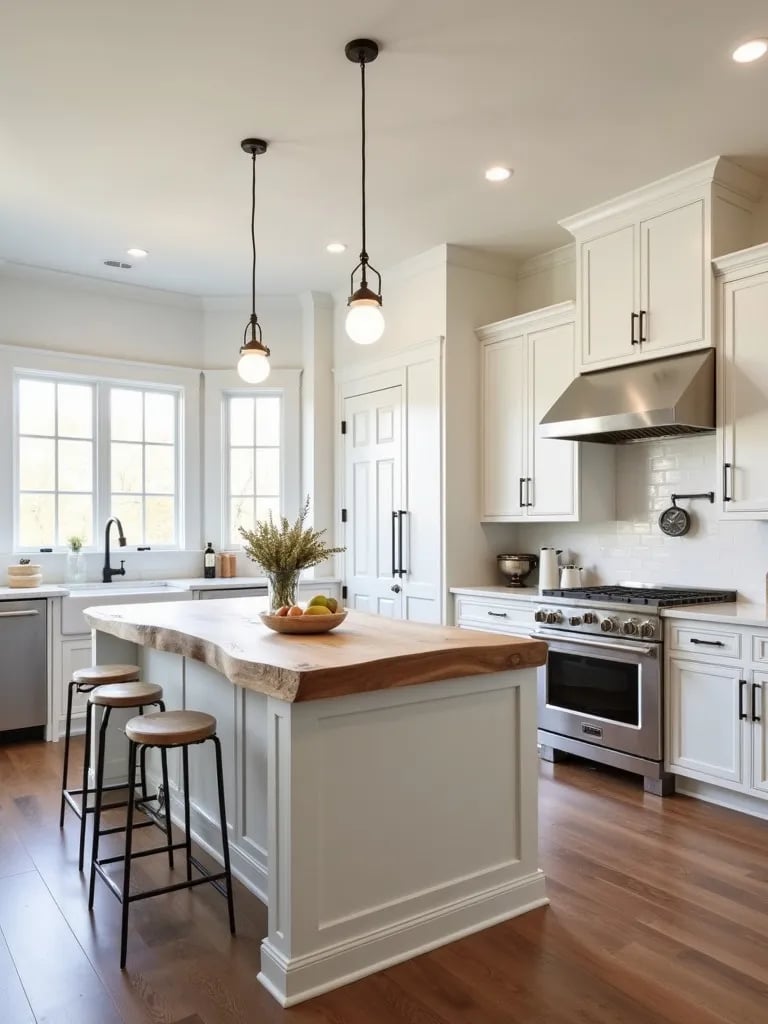 Farmhouse kitchen with live edge wood island and white cabinets