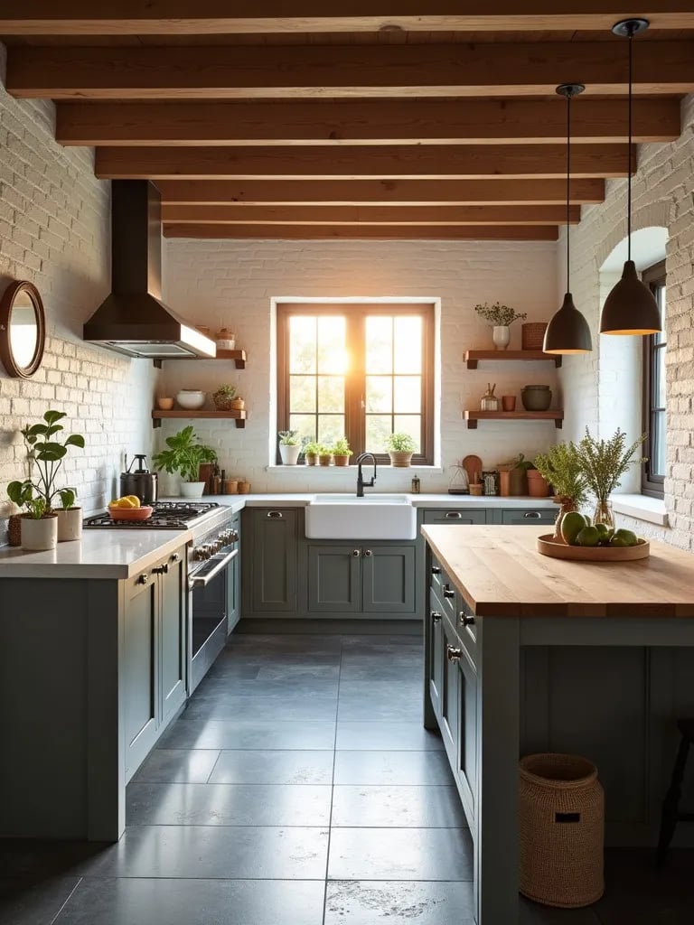 Farmhouse kitchen with multi toned slate flooring and brick walls