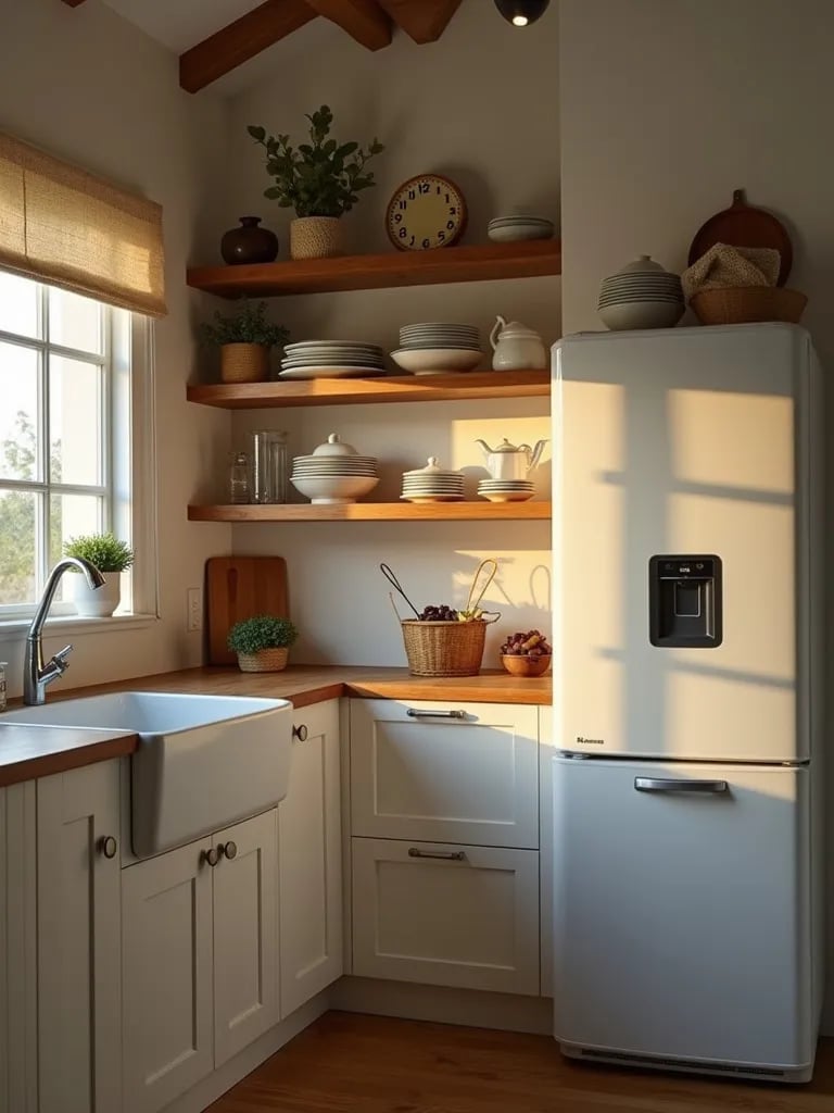 Farmhouse kitchen with open shelving and modern smart refrigerator