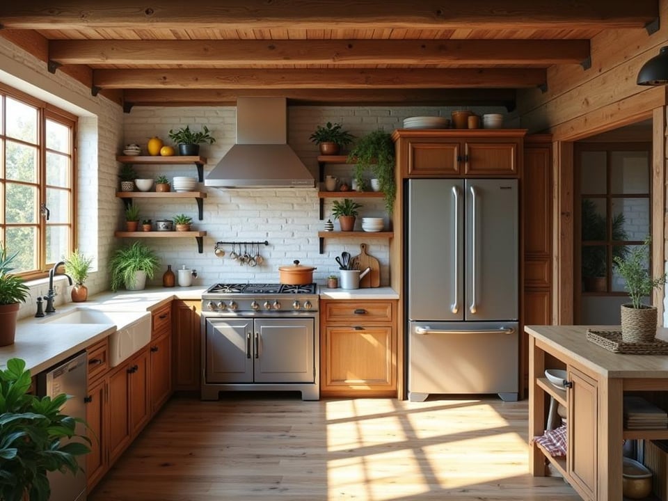 Farmhouse kitchen with vintage fridge and modern appliances in sunlight