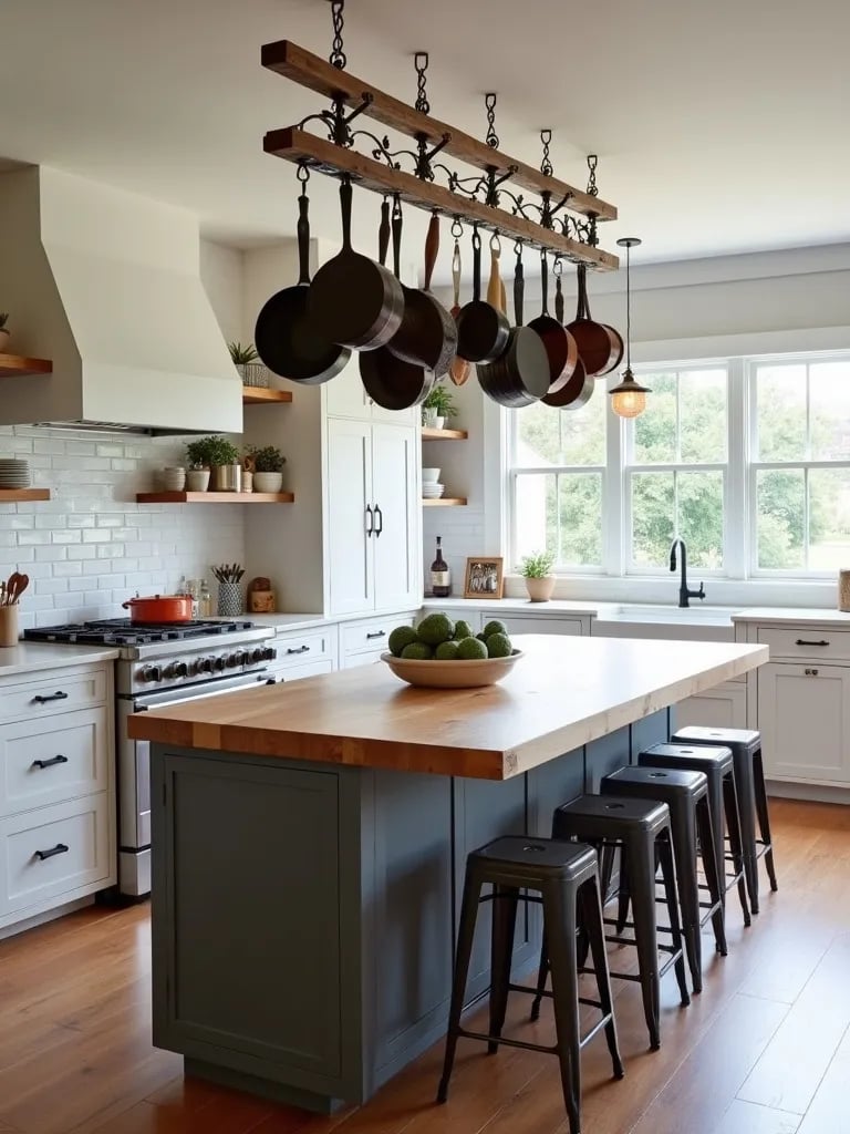 Farmhouse kitchen with vintage ladder pot rack above large island