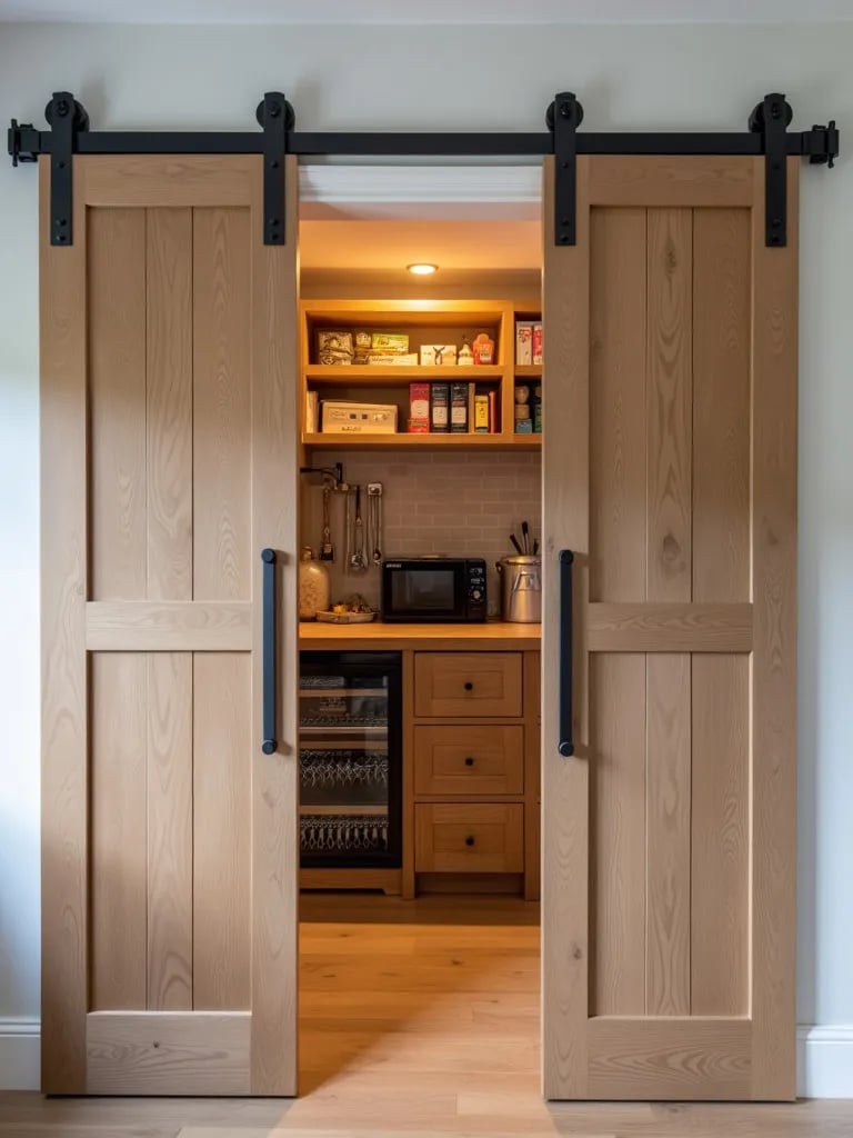 Farmhouse pantry with barn doors, modern storage, and built in charging station