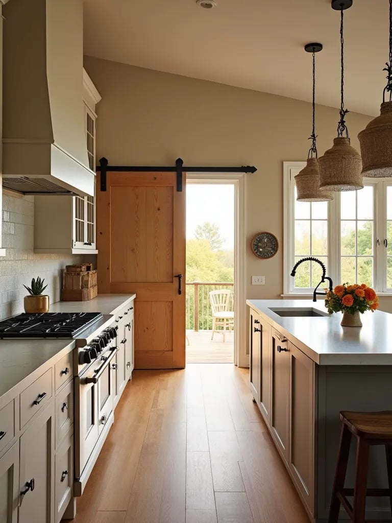 Golden hour lit kitchen with large island and barn door pantry