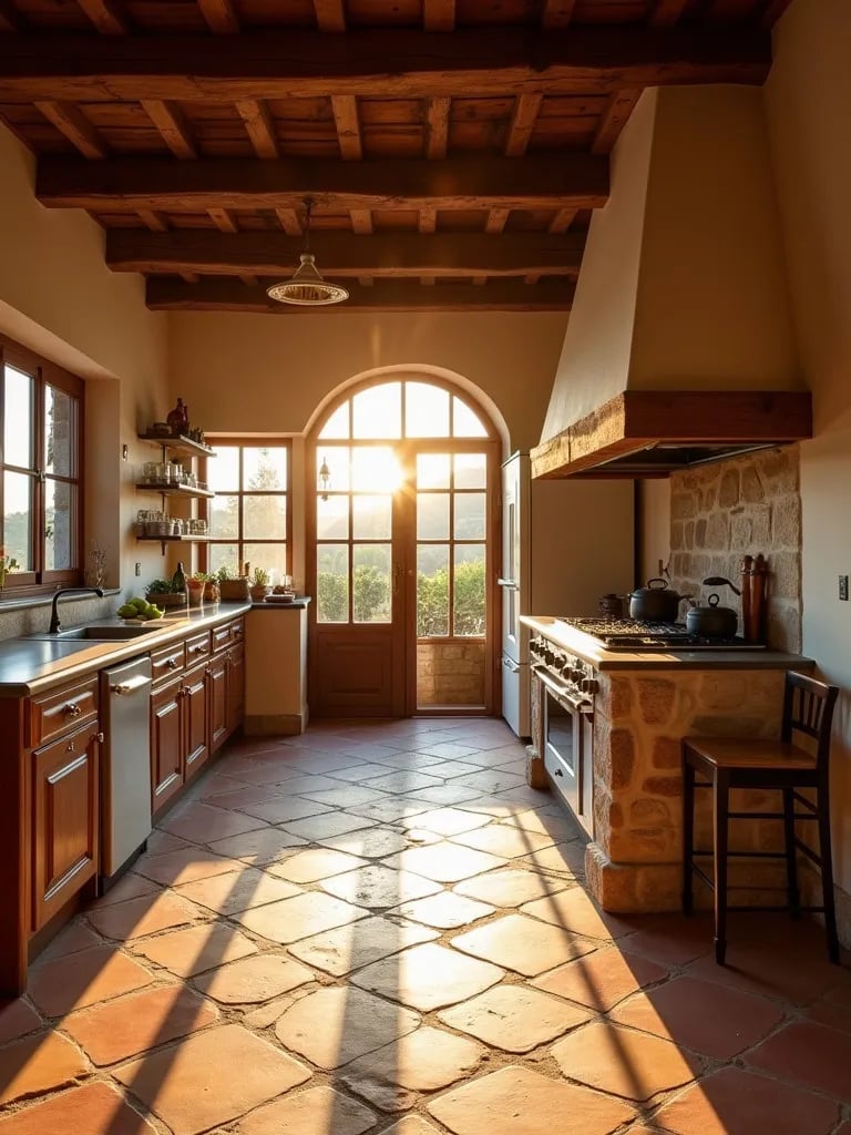 Golden lit kitchen featuring terracotta floors and wooden beams