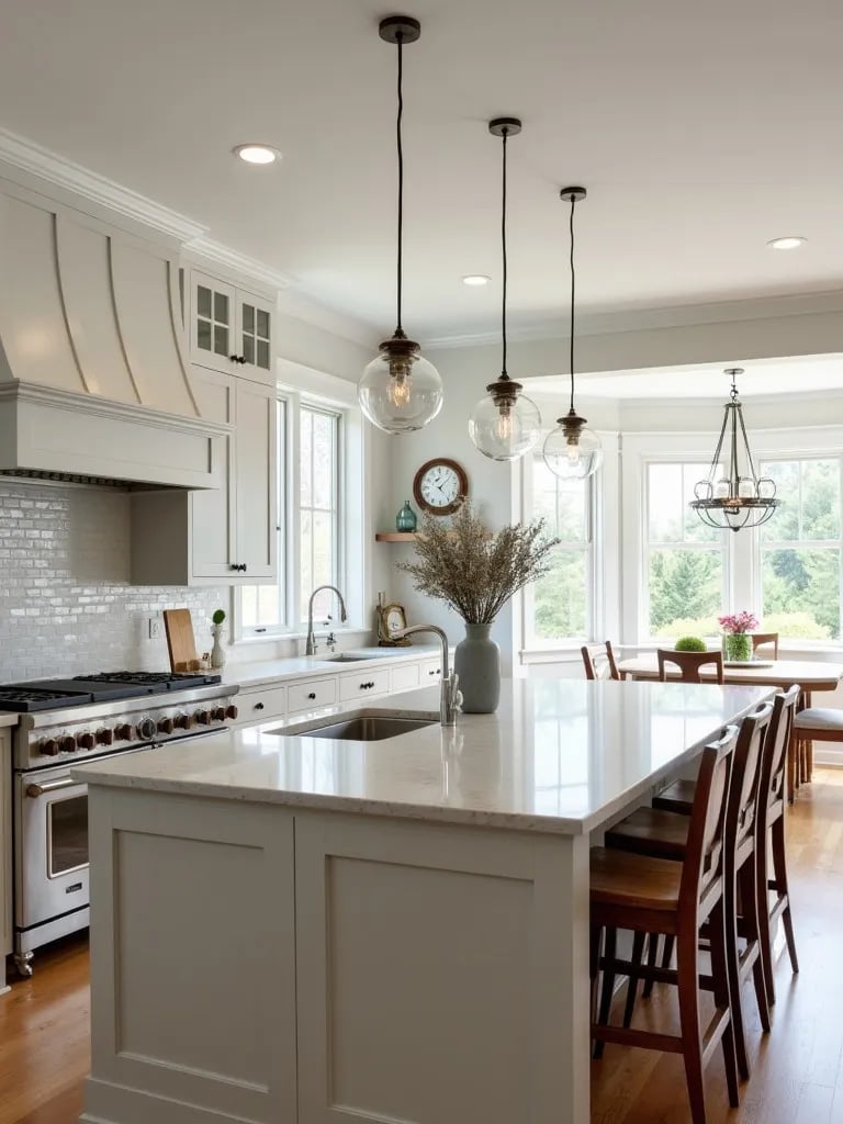 Large kitchen island illuminated by three vintage style glass pendants and recessed lights