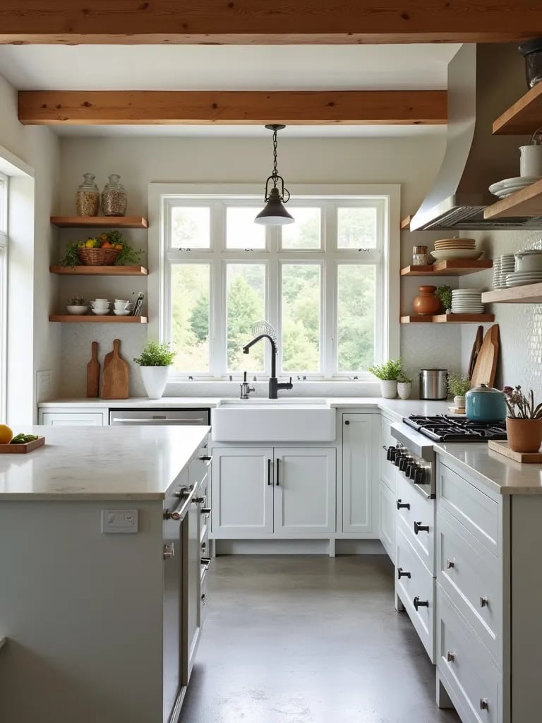 Light filled kitchen featuring concrete floors and marble island