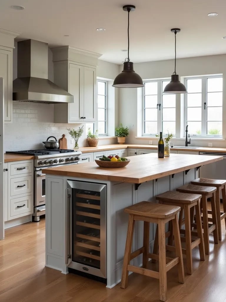 Low angle view of farmhouse island featuring wine fridge and induction cooktop