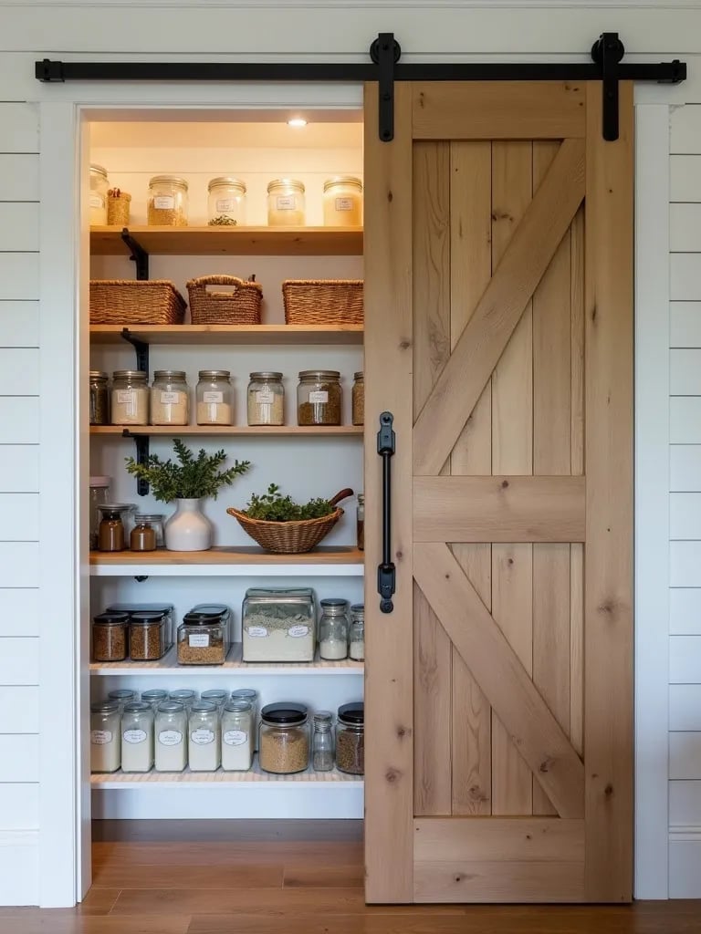 Organized farmhouse pantry with sliding barn door and rustic storage