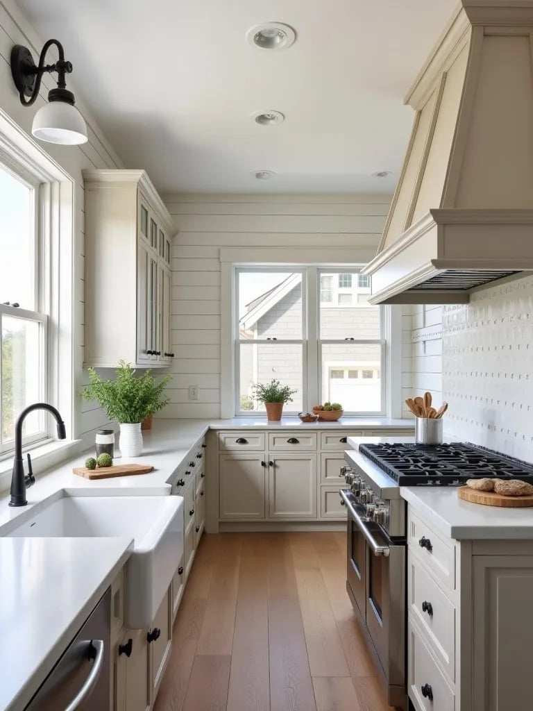Overhead view of farmhouse kitchen with apron sink and modern range cooker