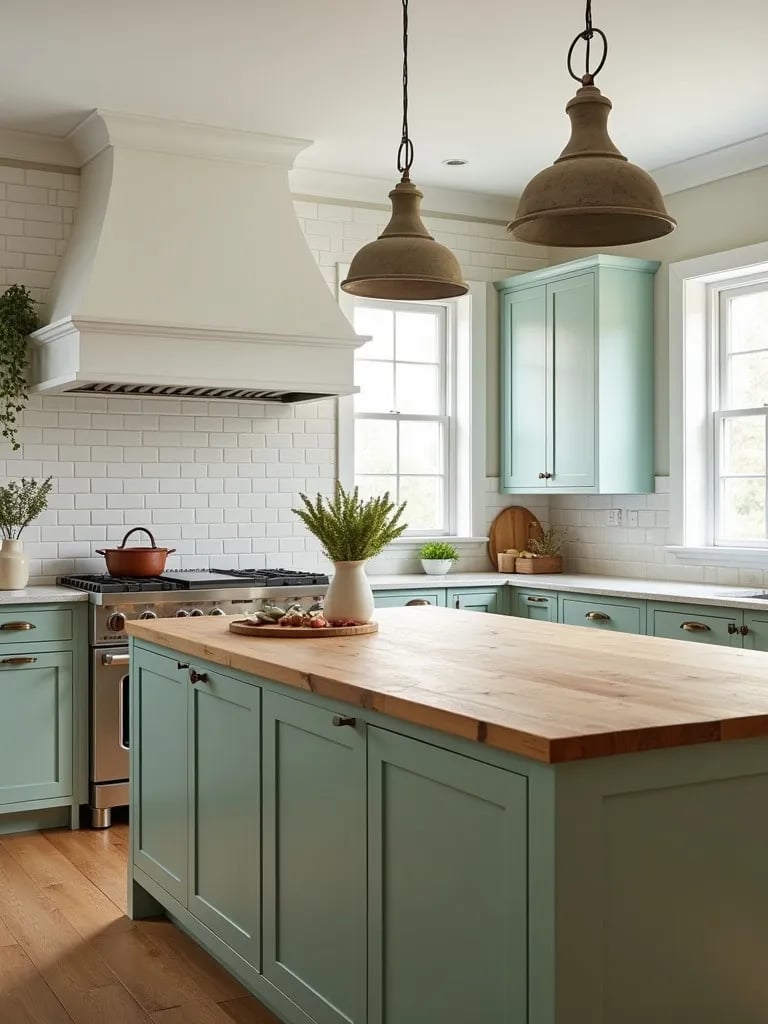 Practical farmhouse kitchen featuring green cabinets and large butcher block island