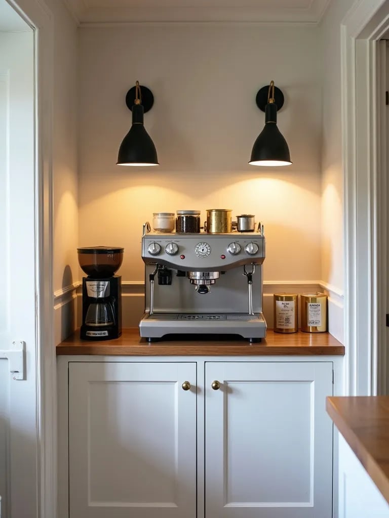 Rustic coffee nook with modern espresso machine and vintage canisters