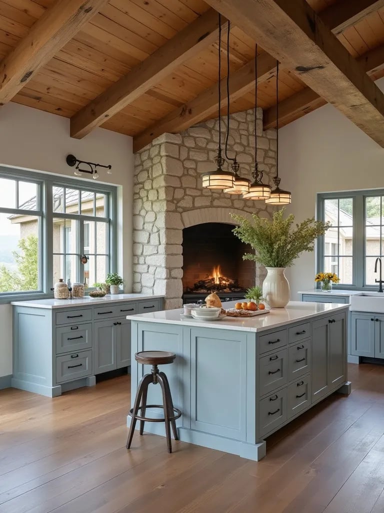 Rustic farmhouse kitchen with blue gray cabinets, wooden beams, and stone fireplace