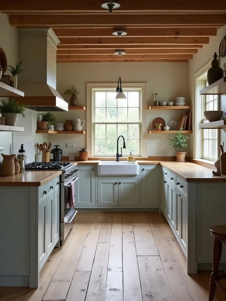 Rustic farmhouse kitchen with distressed wide plank pine flooring