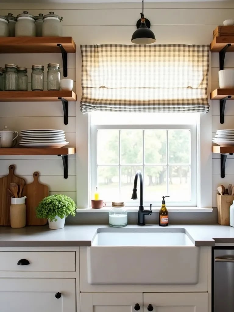 Rustic farmhouse kitchen with shiplap walls and open shelving