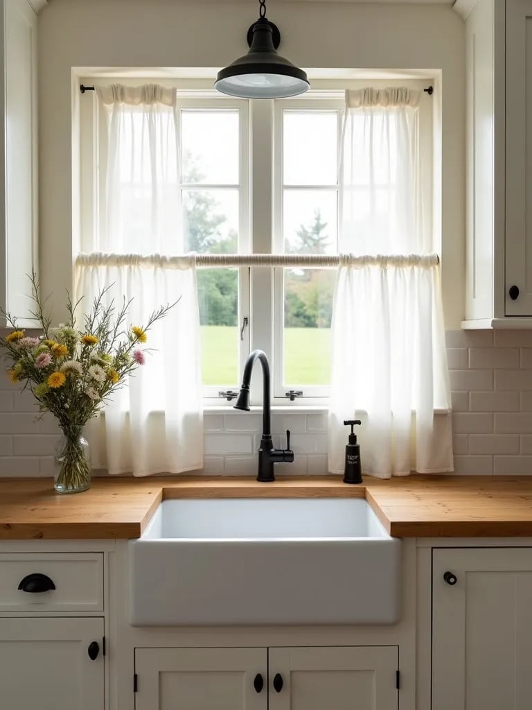 Rustic kitchen featuring large farmhouse sink and black cabinet hardware