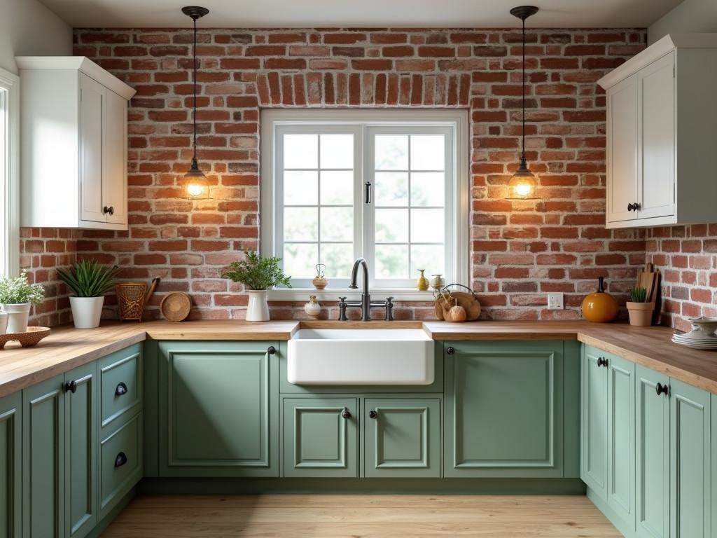 Rustic kitchen featuring sage green cabinets and vintage lighting