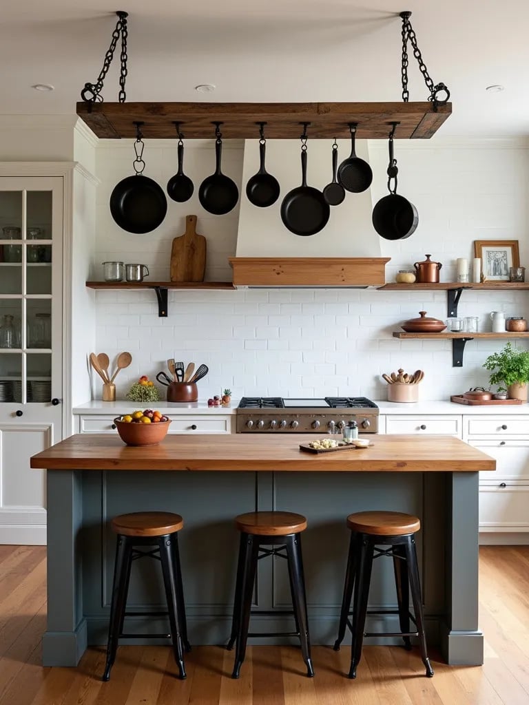 Rustic kitchen featuring suspended ladder pot rack and butcher block island