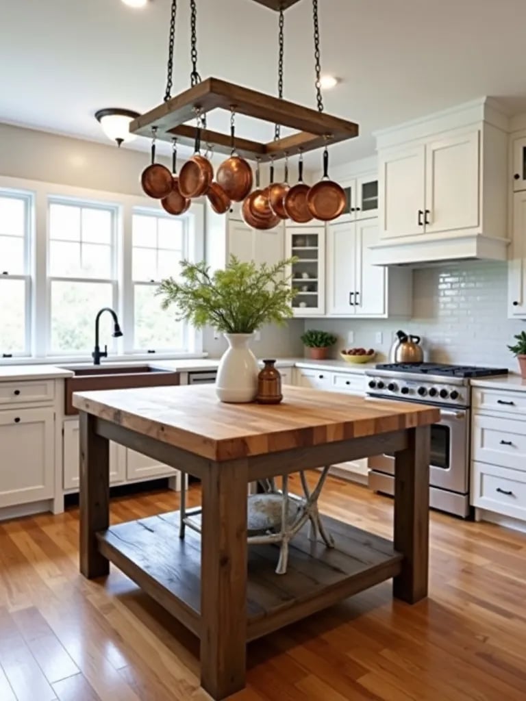 Rustic kitchen island with butcher block top and hanging copper cookware