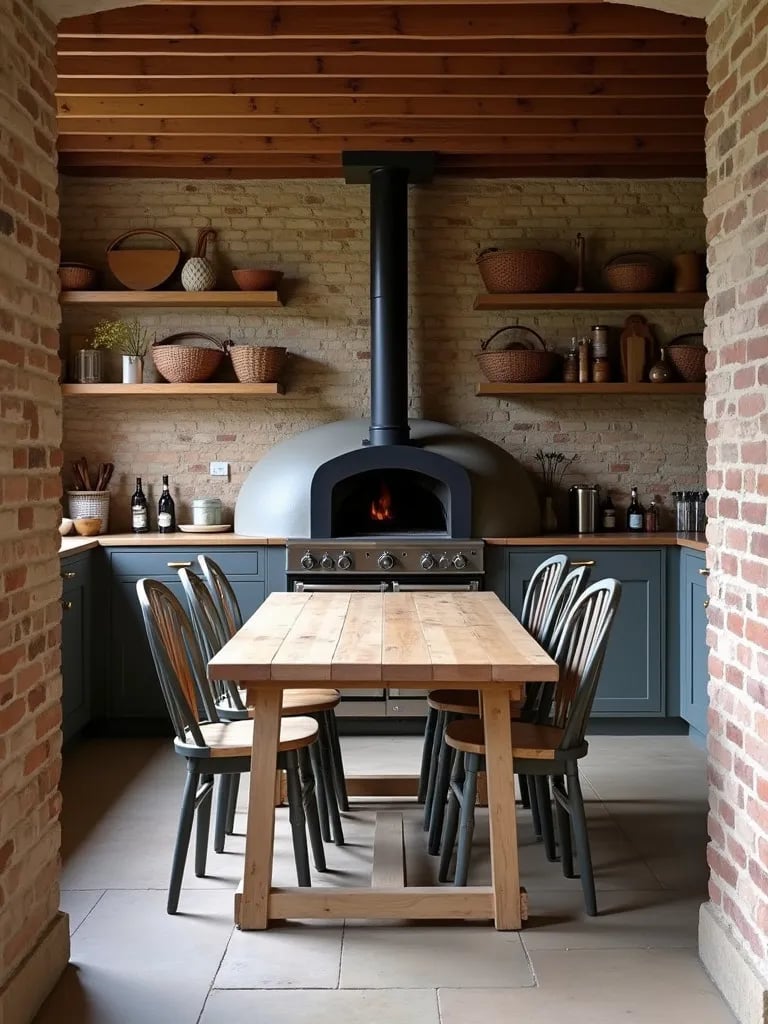 Rustic kitchen with pizza oven, long table, and open shelves with baskets